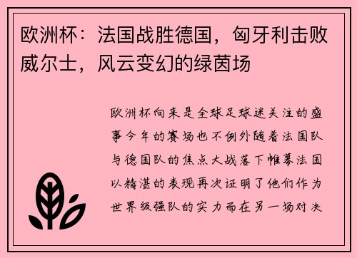 欧洲杯：法国战胜德国，匈牙利击败威尔士，风云变幻的绿茵场