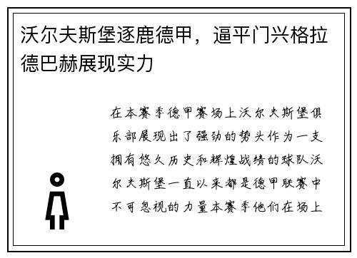沃尔夫斯堡逐鹿德甲，逼平门兴格拉德巴赫展现实力